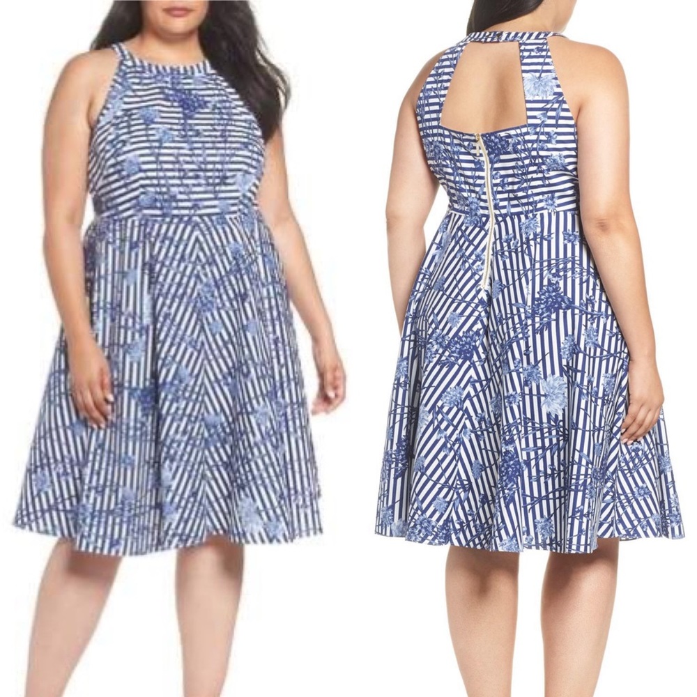 ElizaJ Blue Floral Stripe Halter Fit & Flare Dress